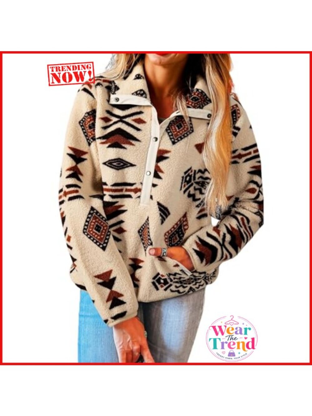 Western Aztec Half Placket Fleece Sweatshirt Long Sleeve Pullover